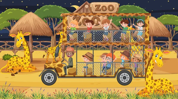 Safari Bei Nacht Szene Mit Kindern Beobachtet Giraffengruppe Illustration — Stockvektor
