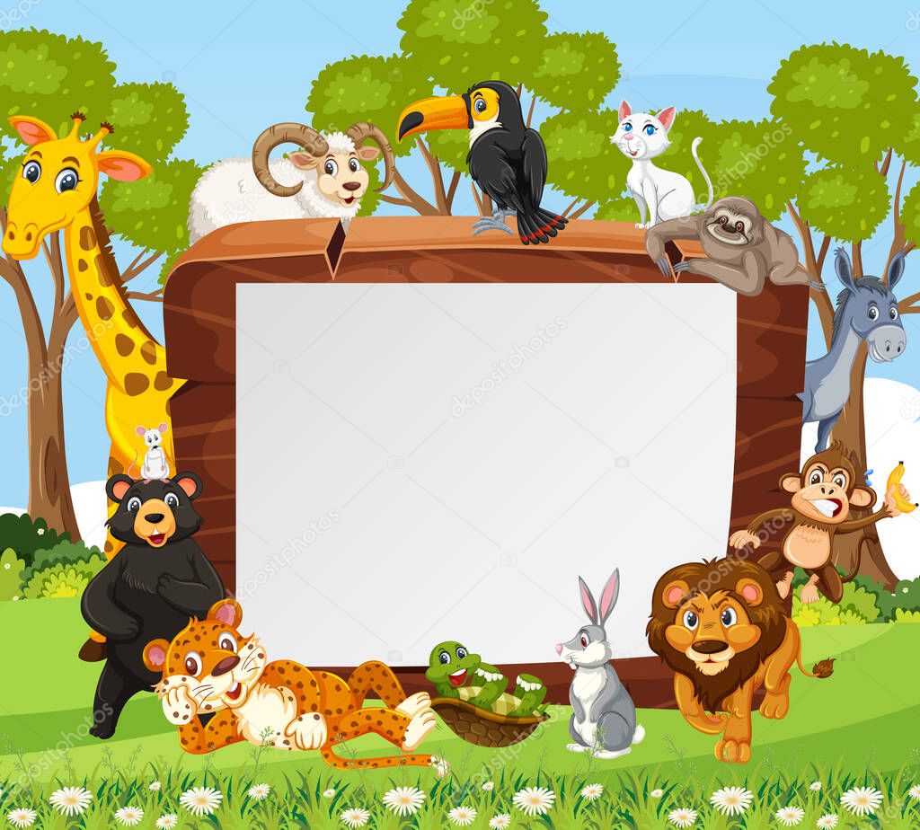 Empty wooden frame with various wild animals in the forest illustration