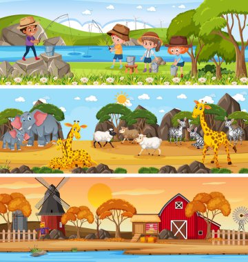 Çizgi film karakteri illüstrasyonuyla gündüz sahnesinde farklı doğa manzarası