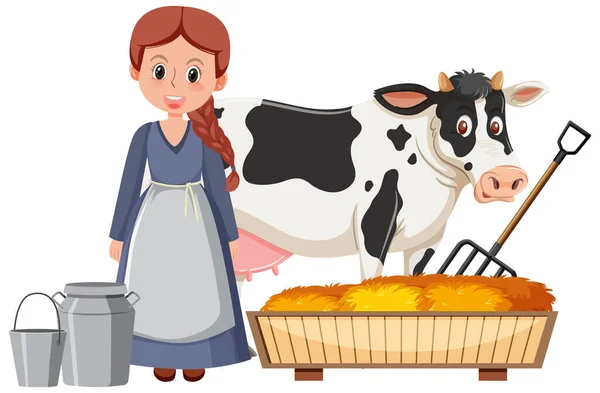 Chica Medieval Criando Una Vaca Sobre Fondo Blanco Ilustración — Vector de stock