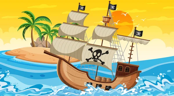 Oceano Com Navio Pirata Pôr Sol Cena Estilo Cartoon Ilustração — Vetor de Stock