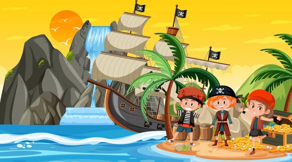 Escena Treasure Island Atardecer Con Ilustración Niños Piratas — Archivo Imágenes Vectoriales