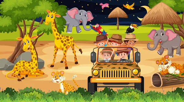 Safari Escena Nocturna Con Muchos Niños Viendo Ilustración Animales — Archivo Imágenes Vectoriales