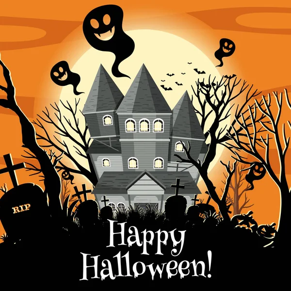 Feliz Halloween Con Haunted Mansion Ilustración — Vector de stock