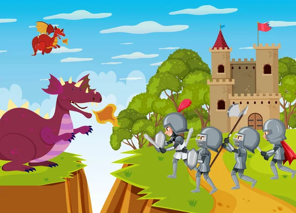 Cavaleiros Lutam Com Dragão Ilustração Castelo — Vetor de Stock
