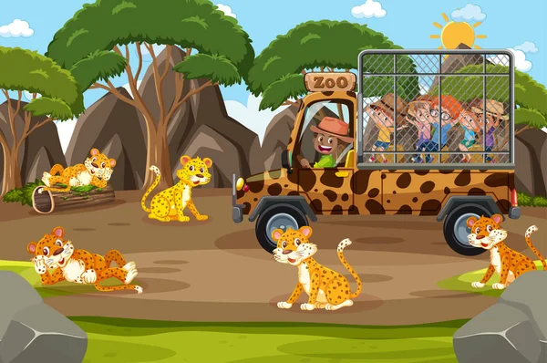 Escena Safari Con Niños Coche Turístico Viendo Ilustración Grupo Leopardo — Archivo Imágenes Vectoriales