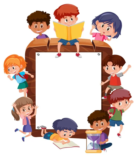 Lege Houten Frame Met Veel Kinderen Cartoon Karakter Illustratie — Stockvector