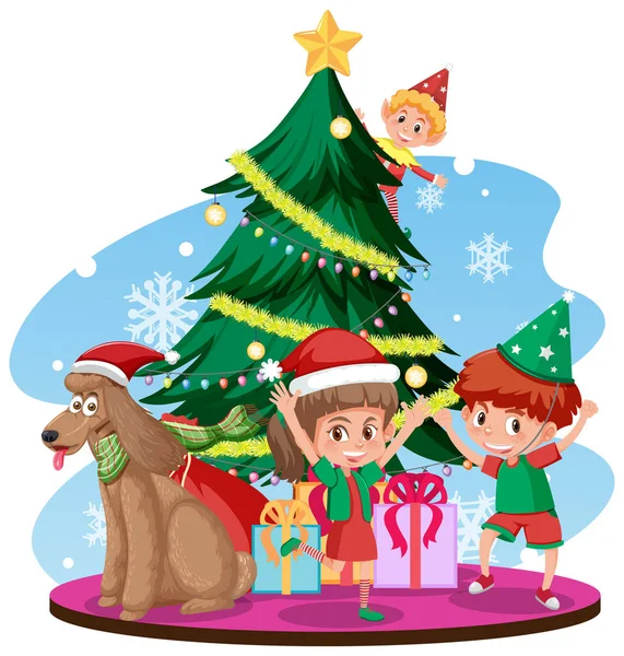 Weihnachtsmann Mit Glücklichen Kindern Und Weihnachtsbaum Illustration — Stockvektor