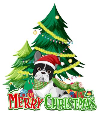 Noel ağacı ve buldog resimleriyle Mutlu Noeller.