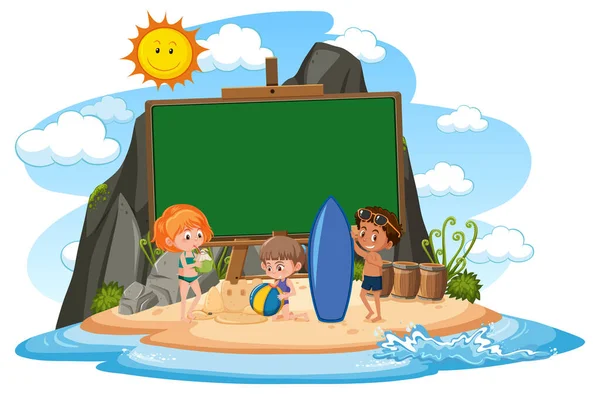 白色背景图片说明在海滩上放暑假的孩子们的空横幅模板 — 图库矢量图片