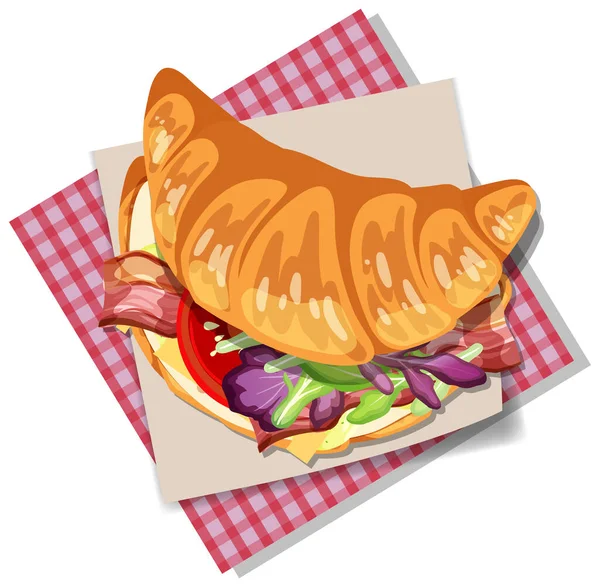 Pequeno Almoço Croissant Sanduíche Com Vegetais Bacon Ilustração Isolada —  Vetores de Stock