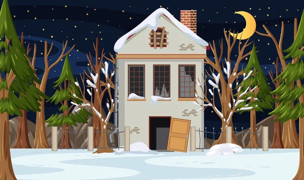 Winter Season Abandoned House Night Illustration — Stock Vector