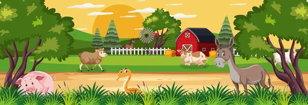 Fazenda Paisagem Horizontal Cena Com Animais Fazenda Ilustração — Vetor de Stock
