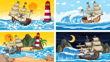 Korsan gemisi resimli farklı sahneler.