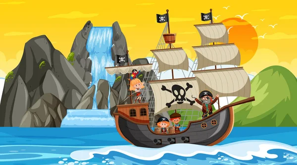 Ocean Pirate Ship Sunset Scene Cartoon Style Illustration - Stok Vektor