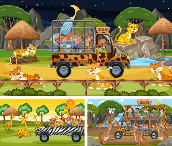 Diverse Scene Safari Con Animali Bambini Illustrazione Del Personaggio Dei — Vettoriale Stock