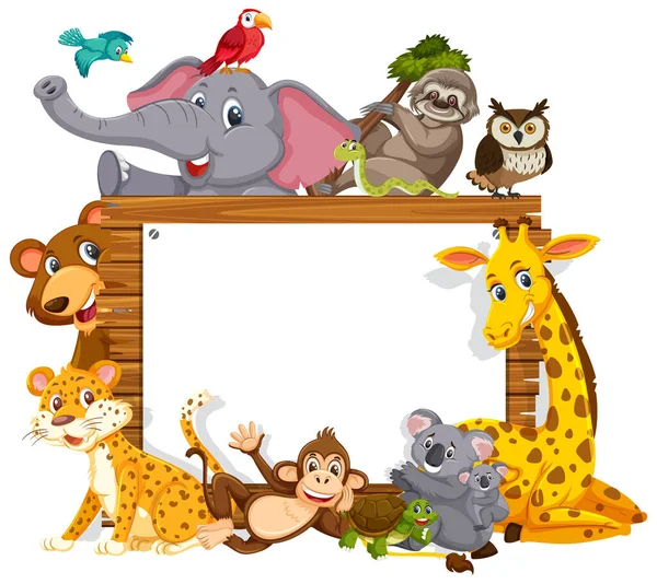 Κενό Ξύλινο Πλαίσιο Διάφορα Άγρια Ζώα Εικονογράφηση — Διανυσματικό Αρχείο