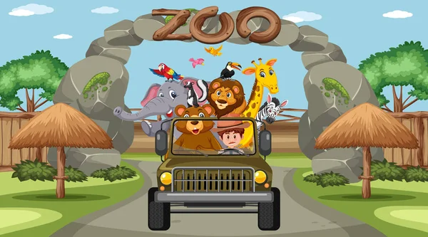 Safari Cena Durante Dia Com Animais Selvagens Ilustração Carro Turístico — Vetor de Stock