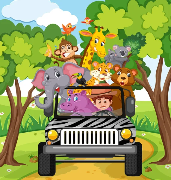 Cena Zoológico Com Animais Felizes Ilustração Carro —  Vetores de Stock