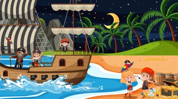 Treasure Island Σκηνή Νύχτα Pirate Παιδιά Στην Απεικόνιση Του Πλοίου — Διανυσματικό Αρχείο