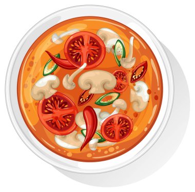 Mantarlı, domatesli ve biberli Tom Yum çorbasının renkli vektörü..