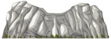 Detaylı kaya oluşumları ve altında çam ağaçları olan görkemli dağ sırasının vektör çizimi.