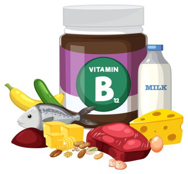 Balık, et, peynir, süt, sebze ve fındık resimli B12 vitamini takviye kavanozu..