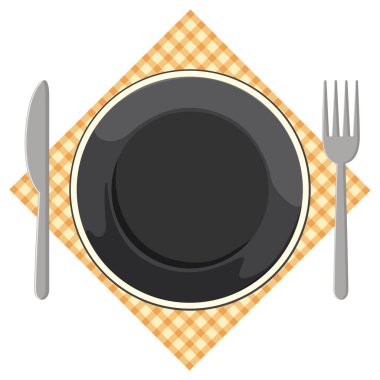 Siyah plaka, çatal, bıçak ve kareli peçetenin düz çizimi