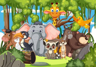 Çeşitli orman hayvanlarının renkli vektör çizimleri yemyeşil bir ormanda bir araya geldi.
