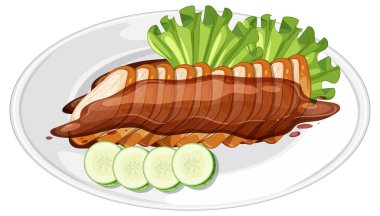 Dilimlenmiş tavuk göğsü, taze marul ve beyaz tabakta salatalık.