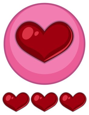 Pembe çemberde parlak kırmızı kalpler, çizgi film vektör stili, düz tasarım, kalın hatlar