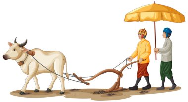 Kamboçyalı çiftçiler öküz sürüyorlar, canlı vektör sanatı geleneksel kırsal tarımı gösteriyor..