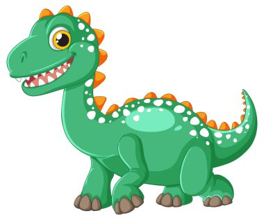 Turuncu dikenli, büyük gözlü, beyaz benekli ve oyuncu vektör tarzlı şirin yeşil dinozor..