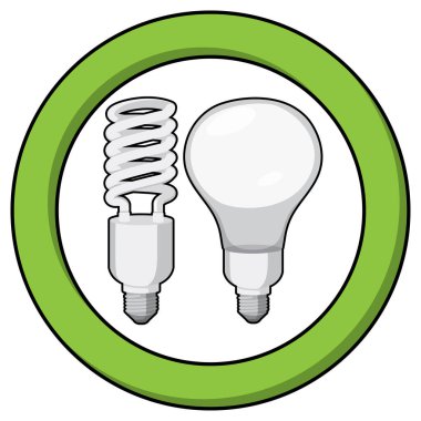 Yeşil çember içinde CFL ve parlak ampullerin vektör çizimi, temiz çizgiler, düz renkler