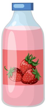 Mavi kapaklı pembe çilekli içecek şişesi, parlak gölgeler, düz vektör tarzı, beyaz arkaplan.