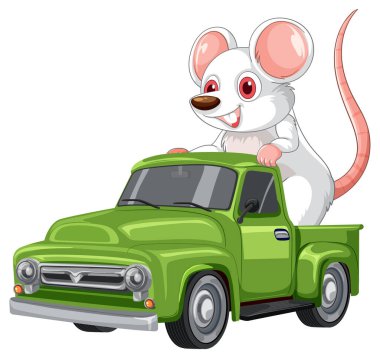Gülümseyen çizgi film fareleri klasik yeşil pikap kullanıyor, parlak renkler, temiz vektör stili.