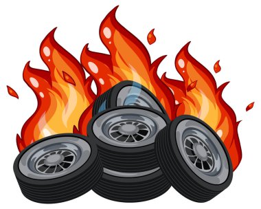 Yanan araba lastiklerinin vektör çizimi, koyu renkler, çizgi film tarzı, beyaz arkaplan