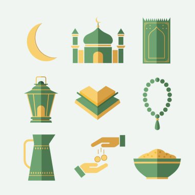 Şık yeşil ve altın tonlarda dokuz İslami temalı sembolün yer aldığı stilize edilmiş Ramazan Kareem simgesi. Hilal ay, cami, ibadet halısı, fener, Kuran, tespih, sürahi, sadaka elleri ve iftar kasesini içerir..