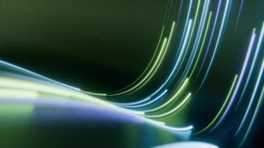 Dinamik eğimli bir yörünge boyunca ilerleyen canlı neon hatlarının 3 boyutlu kusursuz animasyonu. Video, karanlık, yansıtıcı bir arkaplan ile sığ bir alan derinliği içerir ve sinematik bir bokeh etkisi yaratır..