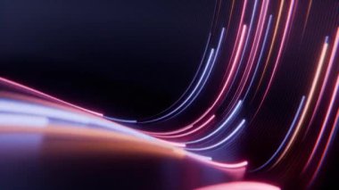 Dinamik eğimli bir yörünge boyunca ilerleyen canlı neon hatlarının 3 boyutlu kusursuz animasyonu. Video, karanlık, yansıtıcı bir arkaplan ile sığ bir alan derinliği içerir ve sinematik bir bokeh etkisi yaratır..