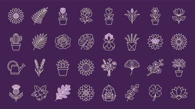 Çeşitli çiçek, bitki, yaprak ve bahçe aletleri içeren çeşitli minimalist beyaz taslak simgeleri. Doğa ve botanik temalar için modern vektör çizimleri.