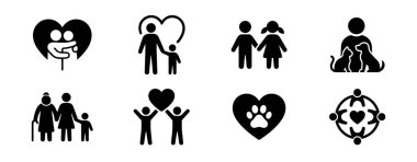 Beyaz bir zemin üzerinde, aşkın ve ilişkinin çeşitli biçimlerini temsil eden sekiz siyah simge koleksiyonu. Aile, ebeveynler, çocuklar, çiftler, evcil hayvanlar, büyükanneler, büyükbabalar, topluluk ve küresel birlik sembollerini içerir. Web tasarımı için mükemmel.