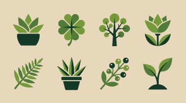 Açık arkaplanda sekiz adet şekillendirilmiş yeşil bitki simgesi. İçinde bir ağaç, yonca, sulu, eğrelti otu ve filizlenme var. Doğa ve ekoloji kavramları için düz vektör tasarımı.
