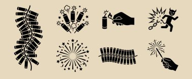 Havai fişekler ve havai fişeklerle ilgili siyah siluet simgelerinden oluşan bir vektör seti. Havai fişek dizileri, havai fişek, maytap ve patlayan roketler..