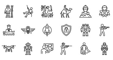 Askeri personel, fütüristik robotlar, insansız hava araçları, maceracılar ve bilim kurgu karakterleri gibi çeşitli temaları tasvir eden çok yönlü siyah beyaz çizgi simgeleri..