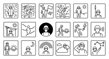 Hayatta kalmayı ve fırtınalar, ısı, rüzgar ve göksel gözlem gibi çevresel fenomenleri gösteren vektör ikonu koleksiyonu. Bilgi grafikleri için basit özet biçimi.