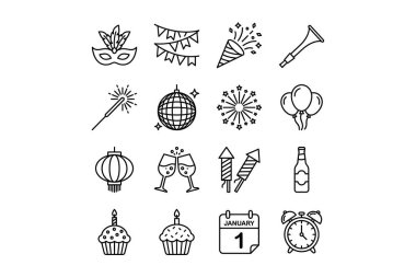 Yılbaşı kutlamaları için el yapımı on altı karalama tarzı ikon koleksiyonu. Havai fişekler, patlayıcılar, şampanya, maskeler ve diğer şenlik sembolleri..