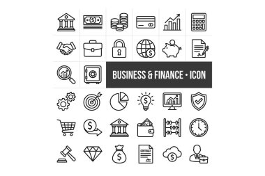 30 iş ve finans hattı ikonundan oluşan çok yönlü bir set. Bankacılık, yatırım, güvenlik ve ticaret sembolleri içerir. Web tasarımı, uygulamalar ve sunumlar için ideal.