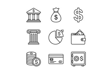 Bir banka binası, para çantası, dolar işareti, cüzdan ve kasa dahil olmak üzere finans, para ve bankacılık kavramlarını temsil eden dokuz basit taslak simge koleksiyonu..