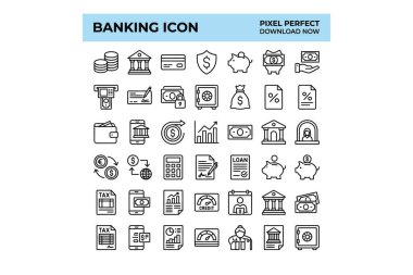 Bankacılık ve finansal hizmetler için piksel olarak mükemmel ince çizgi simgeleri. Para, banka, kredi kartı, ATM, tasarruf, yatırım, kredi ve işlemler sembollerini içerir.